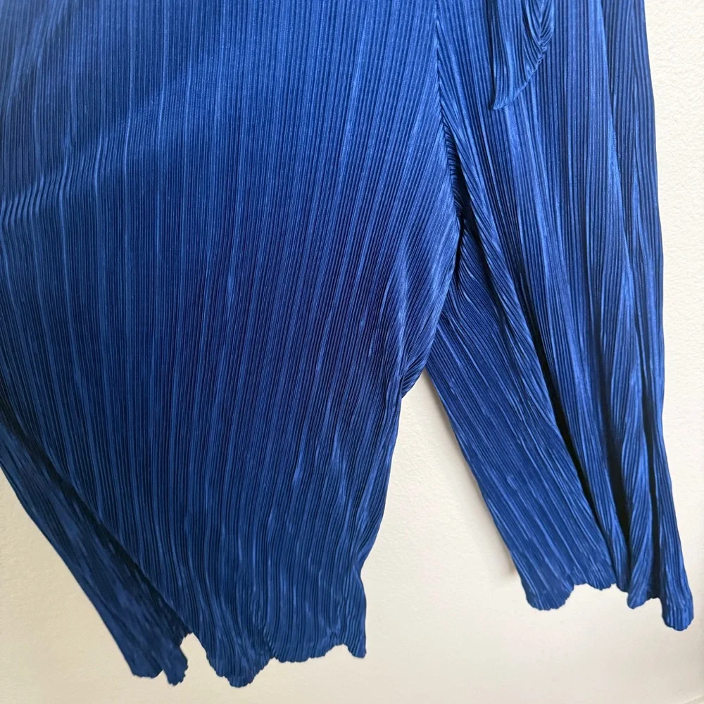 Maeve Sonata Belted Plisse Pleated Belt Tie Wide Leg Blue Jumpsuit